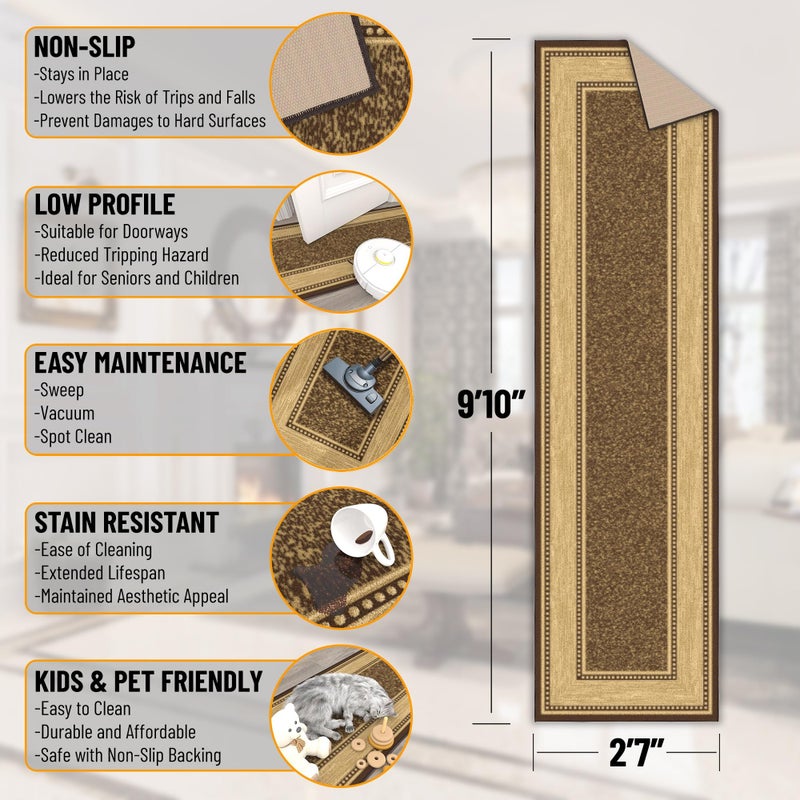 Ottomanson Hallway Runner Rug 2'7" x 9'10" Non Slip Border Area Rugs Easy to Clean Laundry Rug Runner Durable & Pet Friendly Floor Carpet Runners for Hallways Entryway Living Room Kitchen, Brown - Image 2